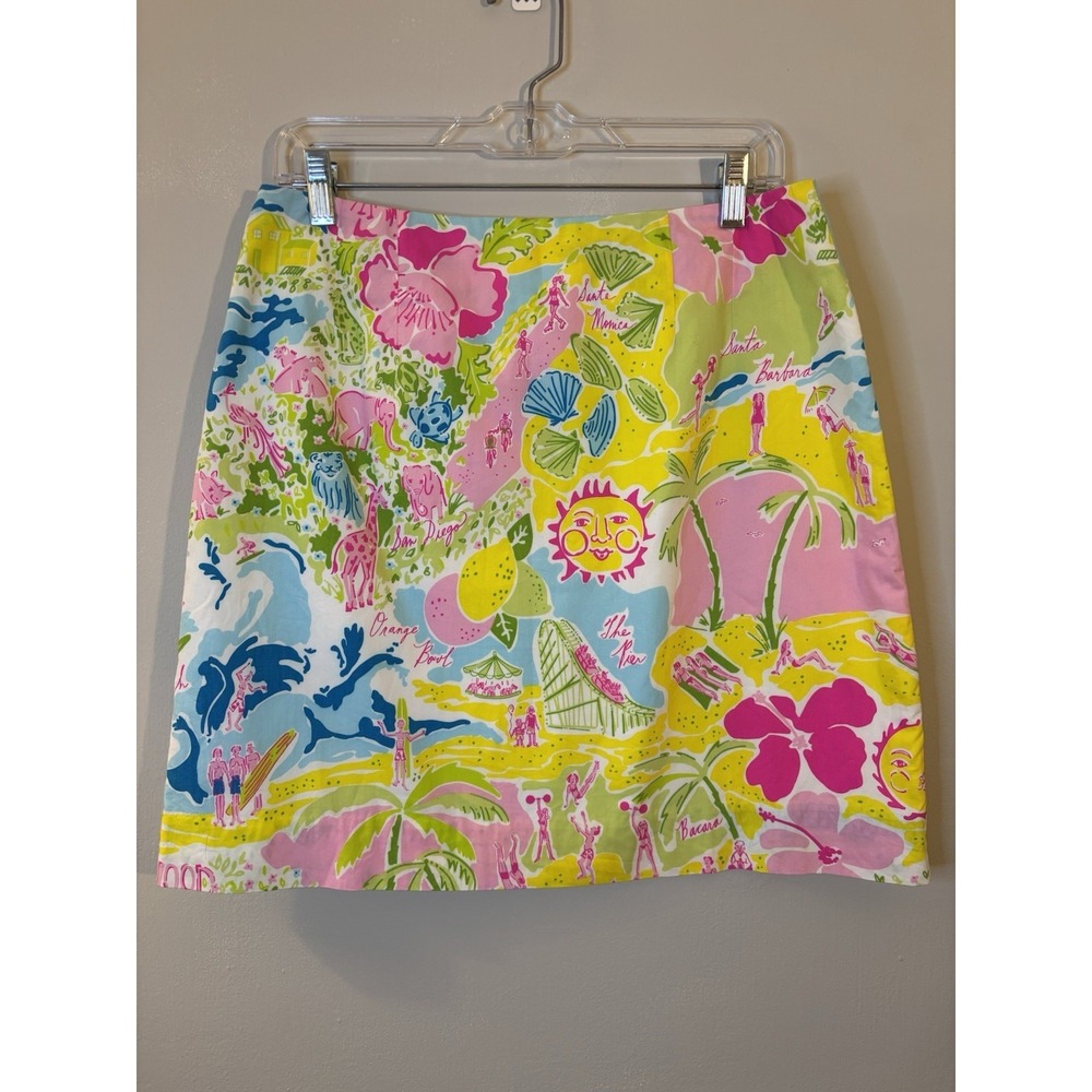 VTG LILLY PULITZER Lillywood California Print Skirt 10 White Label Preppy